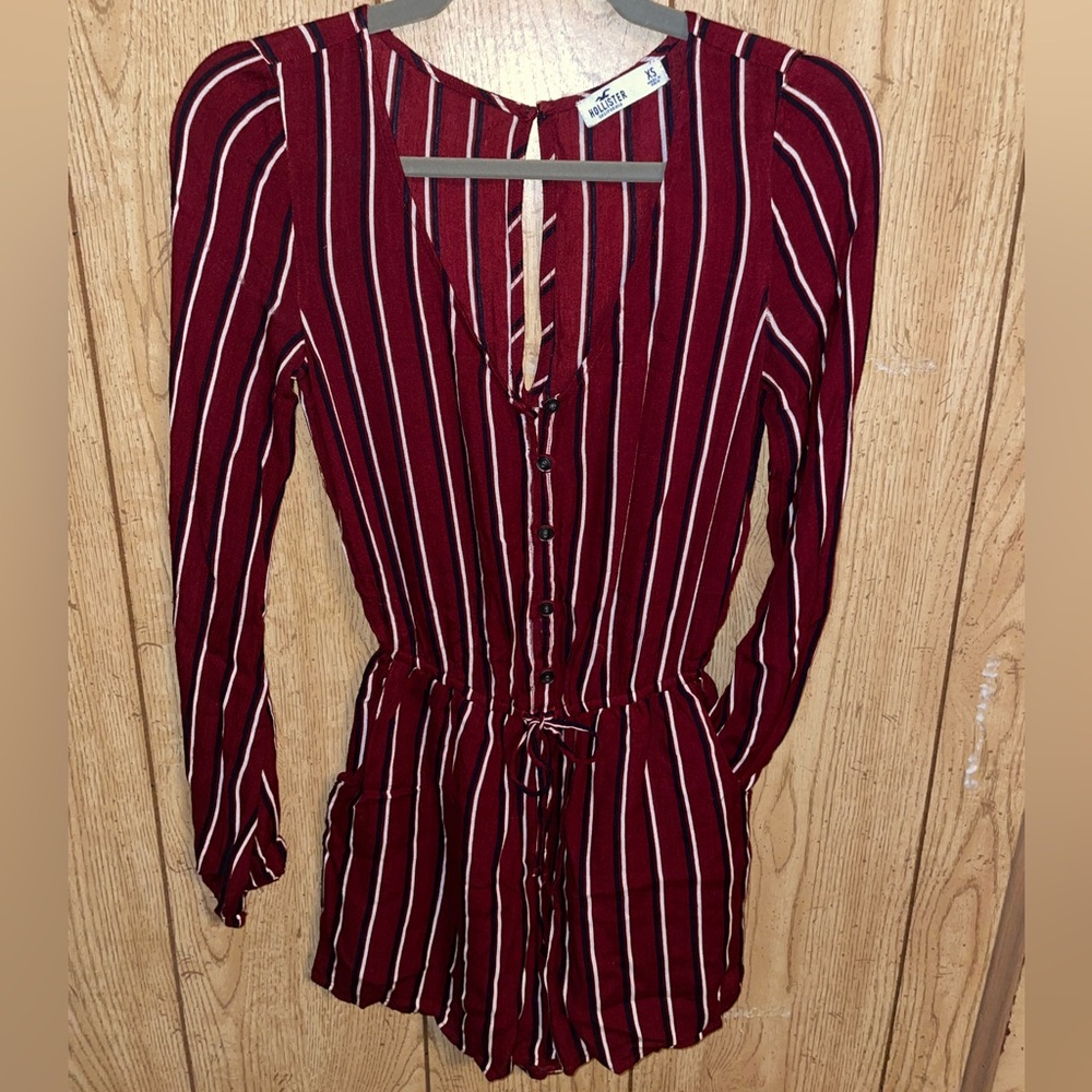 Hollister Striped Longsleeve Button Romper With Pockets